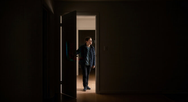 A young person stands thoughtfully in a dimly lit hallway with an open doorway revealing a softly illuminated room, evoking a mood of quiet contemplation and mystery through dramatic lighting.