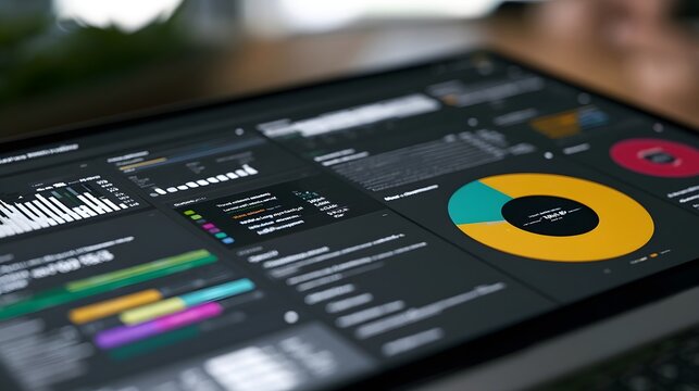 A modern digital dashboard displaying colorful charts and data visualizations on a sleek dark screen with a shallow depth of field