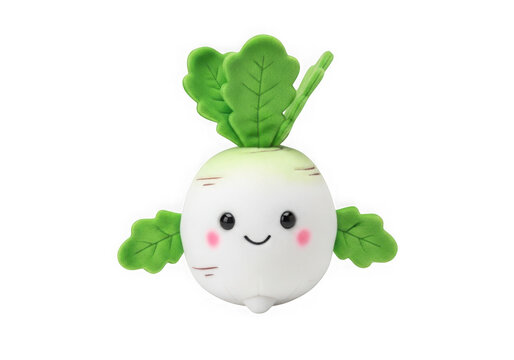 Cute cartoon radish character with a happy smiling face and green leafy vegetable top isolated on transparent background
