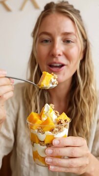 Caucasian woman enjoying a layered dessert with mango and granola in a clear cup, smiling while holding a spoon in a bright indoor setting