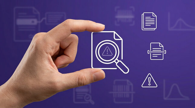 Conceptual Image of a Hand Holding a Digital Document Search Icon with Warning Sign Representing Data Audit, Security Risk, and File Analysis