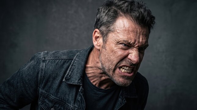 Furious mature man snarling and growling in intense anger