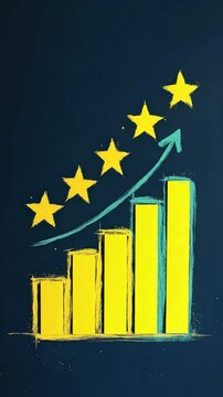 Illustration of a yellow bar chart with an upward arrow and five stars above, symbolizing business growth, success, achievement, and high performance on a dark blue background.