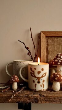 Decorative candle with deer design lit on wooden shelf alongside ceramic mugs, twigs, and felt mushrooms, framed by a rustic wooden picture frame