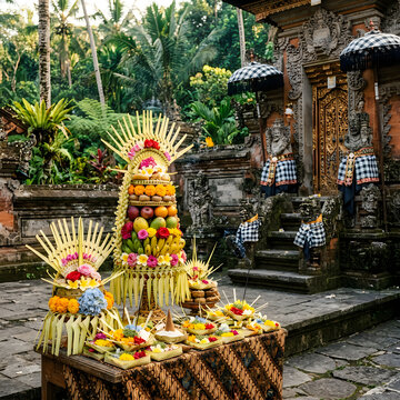 Traditional Balinese Offerings Display with Decorative Arrangements