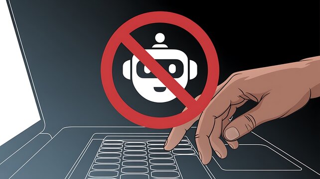 No AI Robot Symbol on Laptop for Artificial Intelligence Restriction Concept