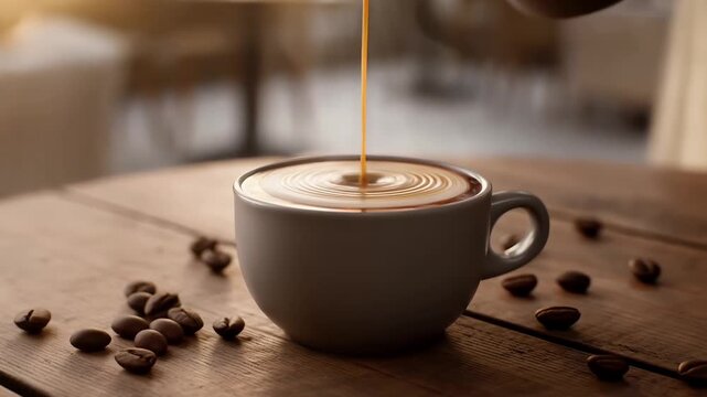 Steaming Espresso Pour Creating Crema Swirl on Wooden Table for National Coffee Day Celebration