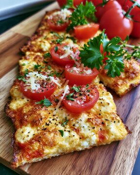 Homemade flatbread topped with melting cheese, cherry tomatoes, and fresh parsley on a wooden board