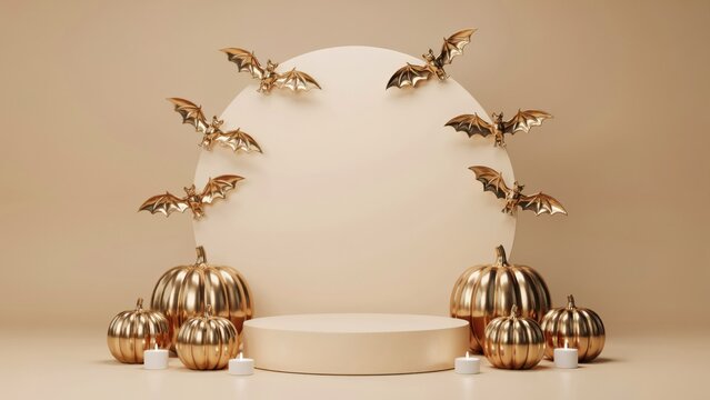 Halloween podium with golden pumpkins and bats