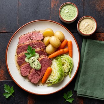 Corned Beef: Classic Australian Comfort, Salt-Cured Silverside or Brisket, Slow-Simmered with Spices and Vegetables, Sliced Warm with Mustard or Parsley Sauce, or in Hearty Stews and Sandwiches