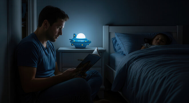 A man sitting in dim bedroom lighting reading a book while a child sleeps peacefully beside him, illuminated by a glowing UFO night light creating a cozy and serene bedtime atmosphere.