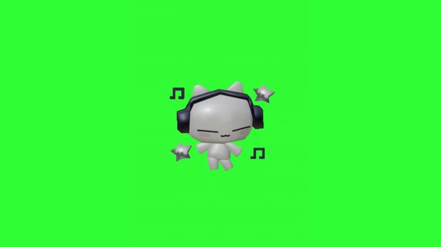 Cute animated character wearing headphones and enjoying music with floating musical notes and sparkles on a green screen, perfect for music videos, social media content, podcasts, streaming, and chrom