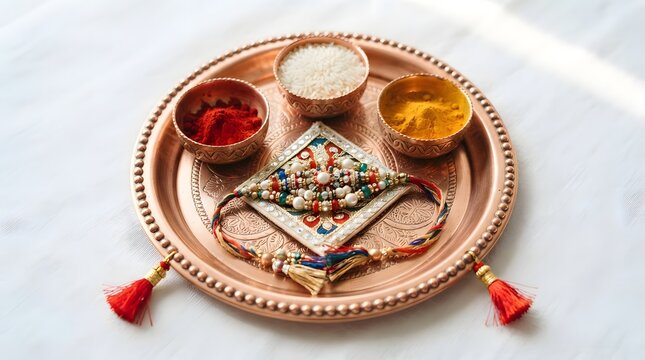 Traditional indian rakhi festival puja thali with raksha bandhan bracelet, rice, and turmeric powder on a copper plate