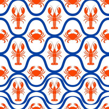 Vibrant seamless pattern featuring red lobster and crab illustrations with blue nautical wavy lines representing ocean life on a white background.