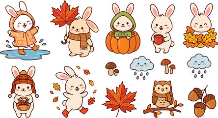 Obraz premium Cute Kawaii Autumn Bunny Vector Element Set with Adorable Rabbits Splashing in Puddles, Holding Maple Leaves, Sitting in Pumpkin, and Playing with Owl Friend