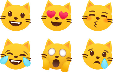 Fototapeta premium Set of cute yellow cat emoticons with different expressions. Funny cat emoji faces. Simple cartoon vector illustration.