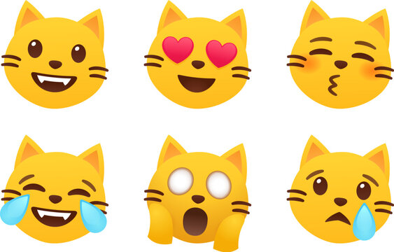 Set of cute yellow cat emoticons with different expressions. Funny cat emoji faces. Simple cartoon vector illustration.