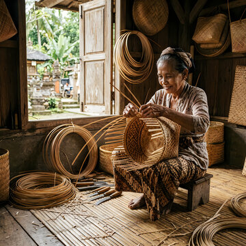 Woman weaving baskets in traditional rural home with natural light