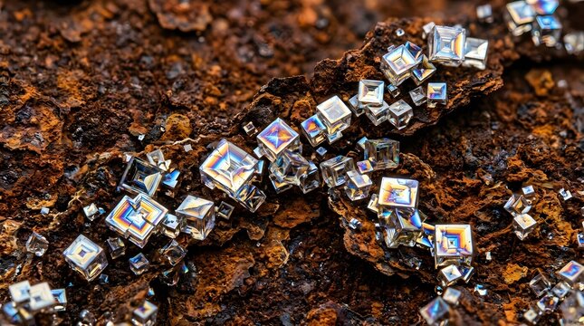 Macro shot of iridescent bismuth metal crystals on a rough oxidized iron background