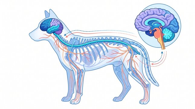 Anatomical Illustration of Dog Nervous System and Brain Structure for Veterinary Education