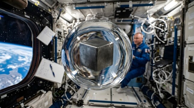 Astronaut in spacesuit performs zero-gravity maintenance on space station module with Earth view