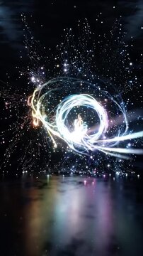 Abstract Light Swirl with Luminous Particle Background, Glowing Energy Trails, Sparkle Reflections, Colorful Space Streaks, Dark Water, Scattered Stars, and Mysterious Atmosphere