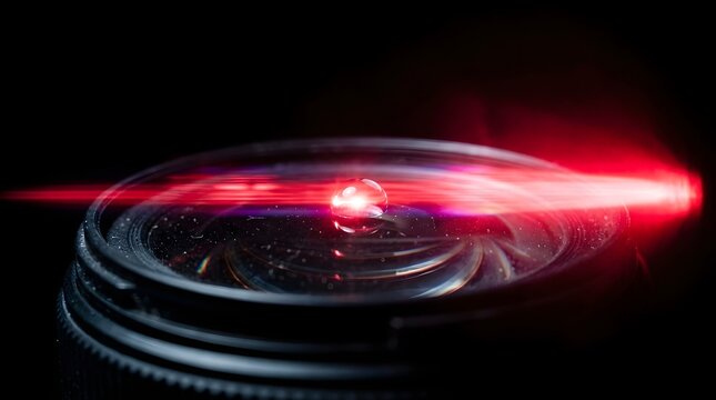 Camera lens glass with red laser light flare reflection on black background