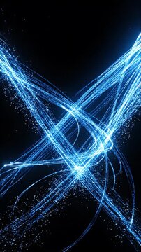 Abstract Blue Light Trail Background with Luminous Particle Streams, Intersecting Digital Waves, Glowing Lines, Sparkling Energy, Dynamic Futuristic Motion, Dramatic Black Contrast