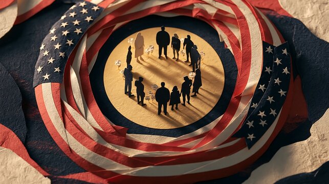 High angle paper cutout of people standing in a circle framed by swirling American flag for unity and Memorial Day concepts.