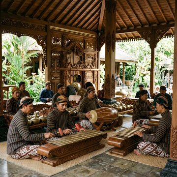 Traditional Balinese Gamelan Orchestra Performing Live in Open-Air Pavilion
