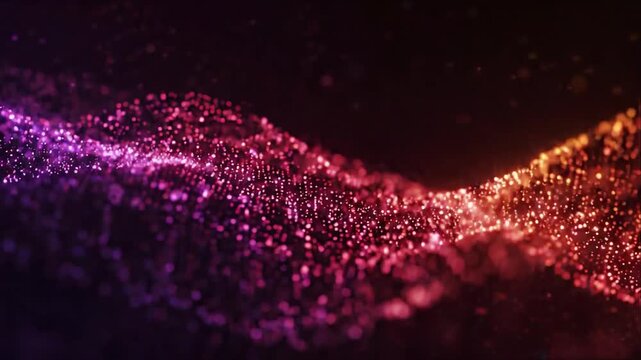 Abstract Particle Wave Background with Flowing Purple Pink and Orange Light, Luminous Glowing Dust Trails Across Dark Space, Vibrant Digital Texture for Dynamic Design Applications