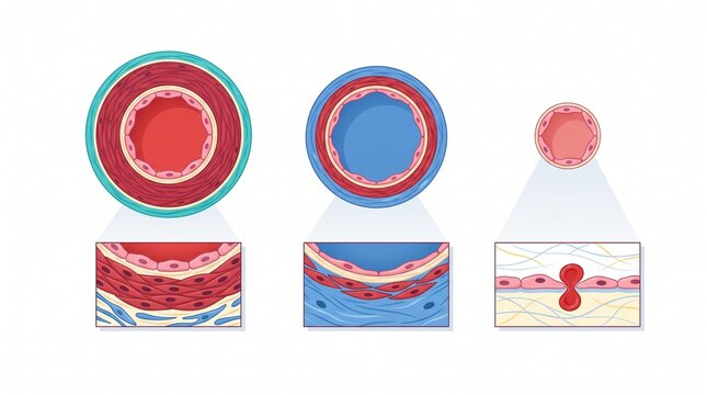 Histology of Blood Vessel Wall Layers: Artery, Vein, and Capillary Cross-Section Diagram