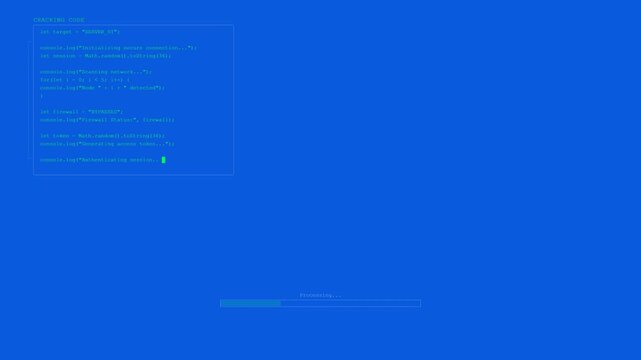 Computer terminal screen with white text code lines appearing line by line and progress bar at bottom on blue background for hacking background loop