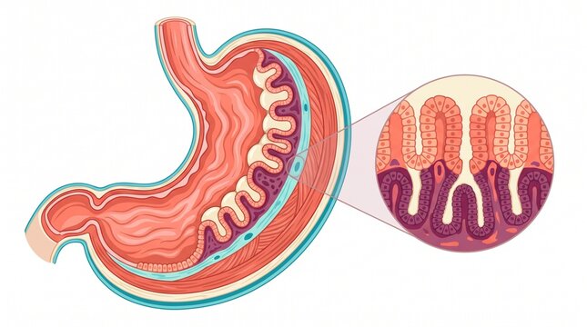 Human Stomach Anatomy and Histology Diagram with Gastric Wall Layers