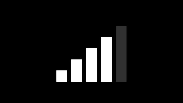 Animation of ascending mobile network signal bars overlay on a black background. Digital dashboard UI element, wireless internet connection and communication concept.