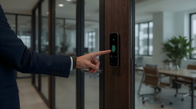Man touching biometric fingerprint scanner on office door for secure entry, advanced security technology controlling access to modern workspace.