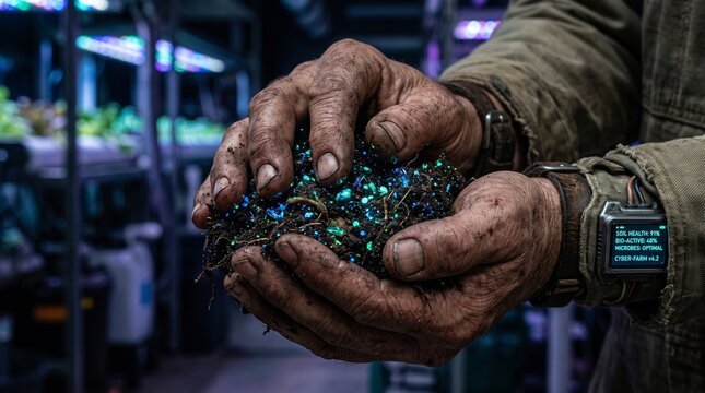 detailed Macro photo of farmer holding glowing soil 2k showing abstract micro structural details and textures with professional studio lighting