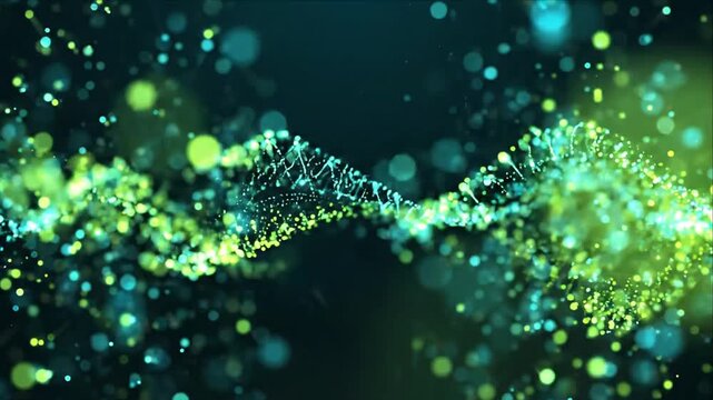Luminous abstract background with glowing green teal particle wave, flowing energy, bokeh light, symmetrical frame, dark copy space, futuristic digital atmosphere, modern design visuals