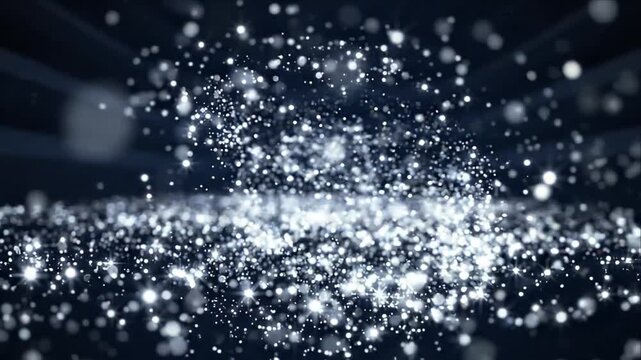 Abstract Silver Particle Dust Background with Sparkle Glow Light Reflection, Floating Shimmering Wave and Soft Bokeh Creating Luminous Futuristic Atmospheric Texture for Design Use