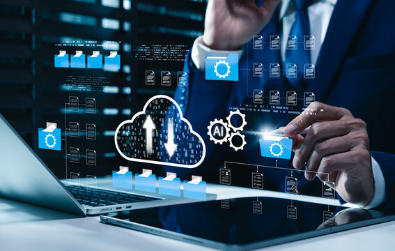 Cloud computing technology and AI document management system concept. file automation system, upload data, organize online corporate files folder, digital backup transfer, network security, Agentic AI