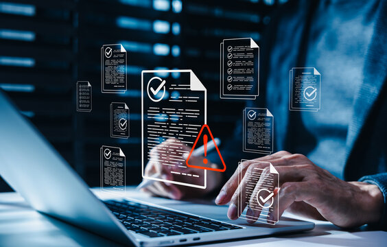 Document compliance review and risk warning concept with showing verified digital files, checklist approval, audit alerts, policy validation, quality control, fraud prevention, and governance workflow