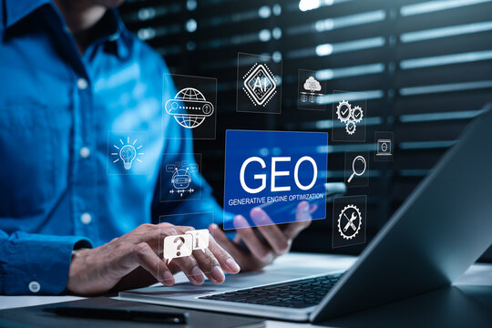 GEO Generative Engine Optimization Concept. Professional using laptop with AI icons represents advanced SEO tech, AI search, website strategy, answer content automation, data driven digital marketing,
