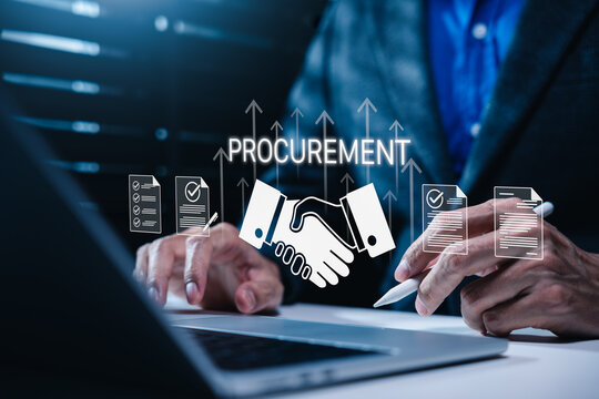 Procurement process management and vendor approval concept. Businessman using laptop. contract documents, checklist, handshake agreement, purchasing workflow, supplier selection, compliance review
