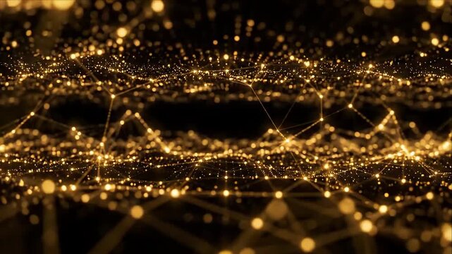 Abstract Golden Particle Network Background with Luminous Light Glow and Sparkle Creating Futuristic Digital Landscape Depth for Technology Design and Elegant Atmosphere Extension