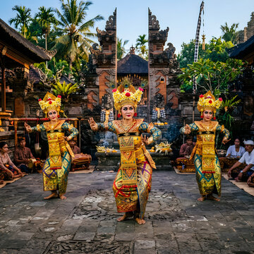 Traditional Balinese dance performance with colorful costumes and ornate headdresses