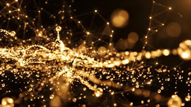Golden Water Splash, Liquid Droplet, Sparkle, Glowing Bokeh, Abstract Wave Background with Luminous Particle Network, Dynamic Luxury, Festive Energy and Atmospheric Texture for Design Projects