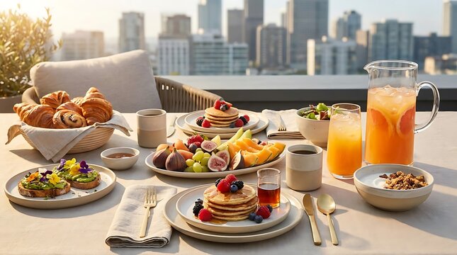 Delicious breakfast table with pancakes fresh fruit and orange juice set against a bright city skyline. summery brunch ideas