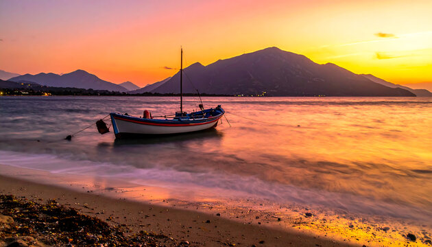 Tranquil fishing boat at sunset over Tolo Bay Greece. Glowing orange sky and distant mountain silhouettes reflecting on calm sea water surface