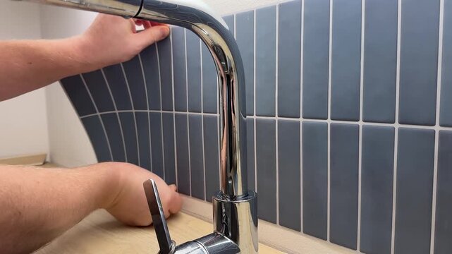 Close up of adult male hands installing blue ceramic wall tiles, kitchen renovation process, chrome faucet in foreground, home improvement project