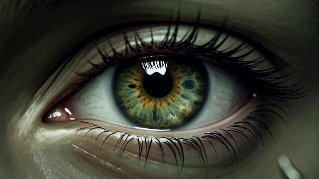 Despair and captivity, scared female green eyes behind rusty barbed wire, war conflict and human rights concept